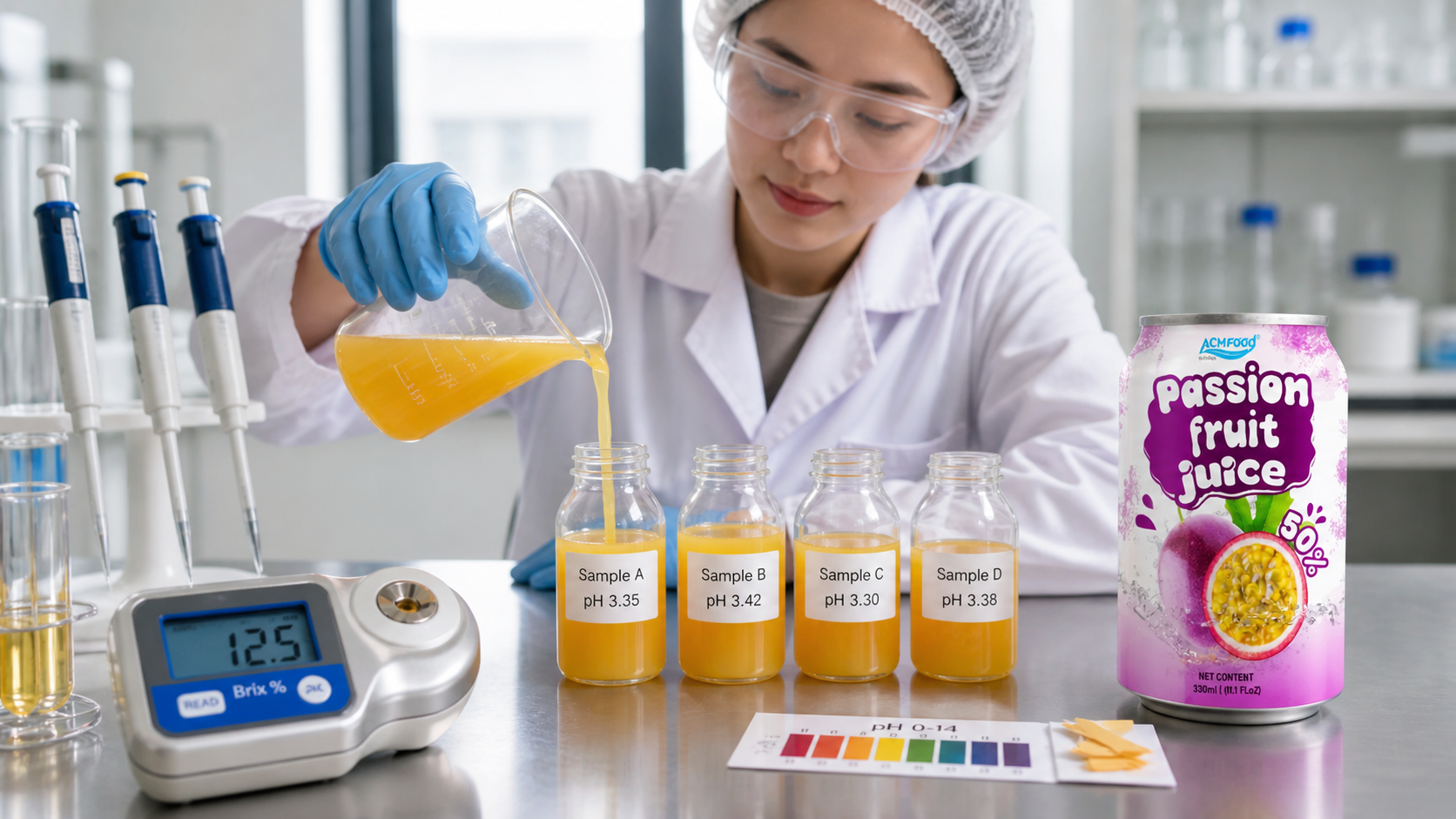 R&D technician pouring bright fruit juice into labeled sample bottles