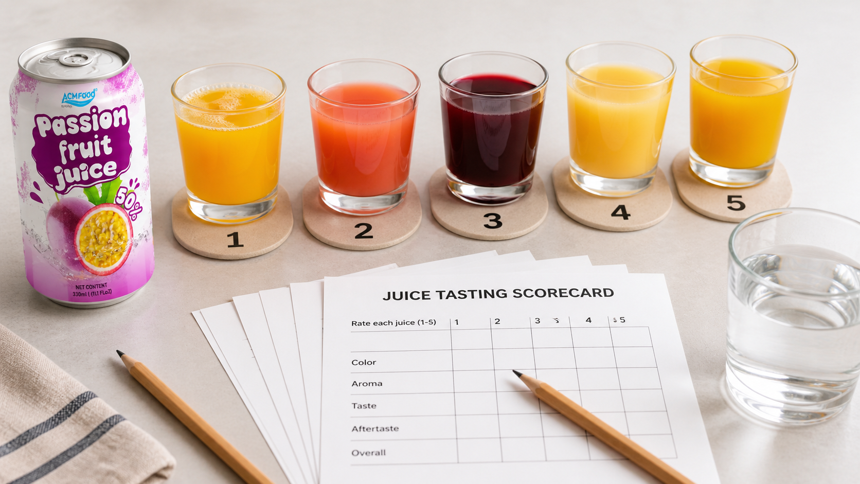 Close-up of fruit juice tasting setup with glasses and scorecards
