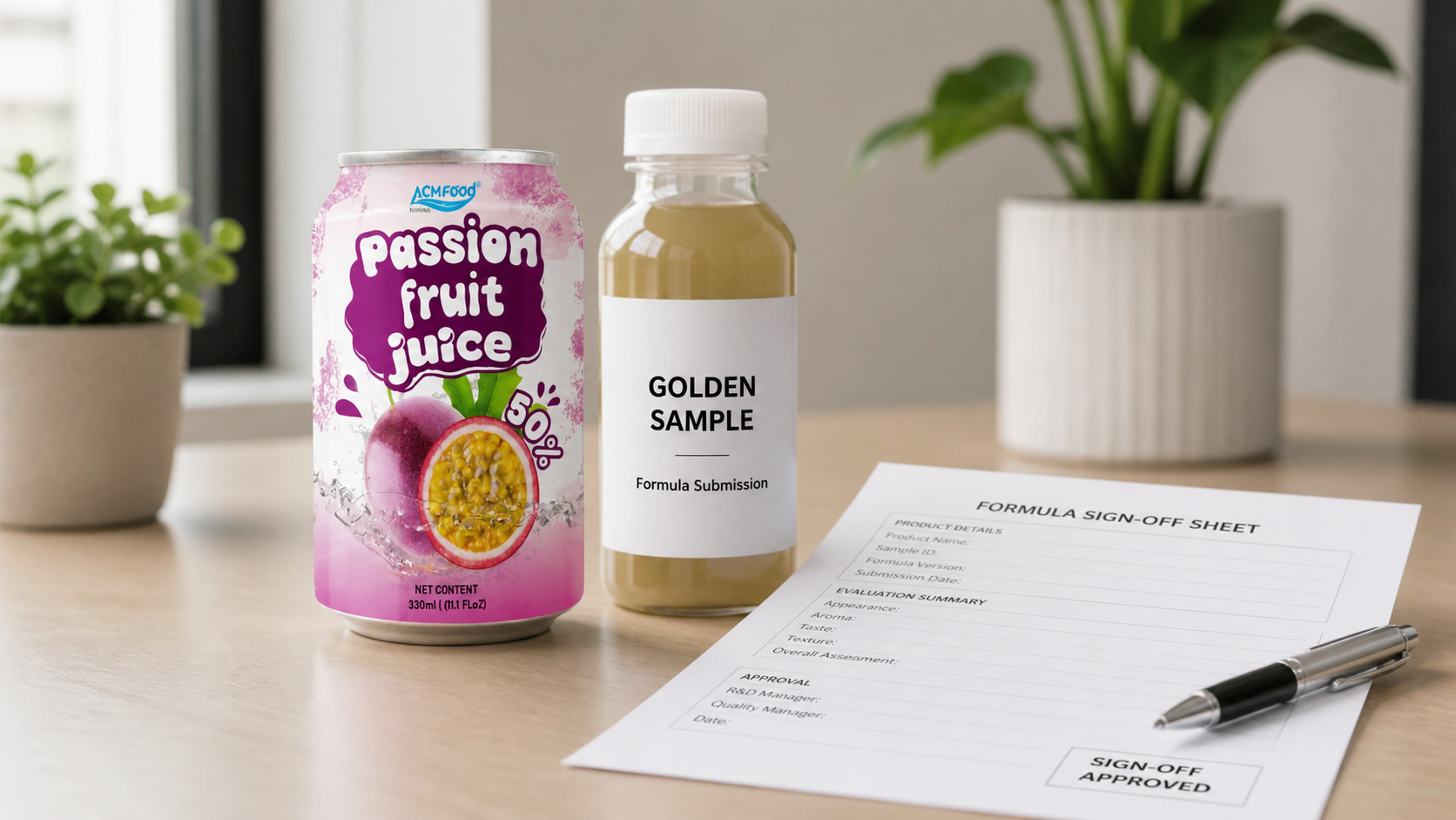 Approved golden sample bottle beside printed formula signoff sheet
