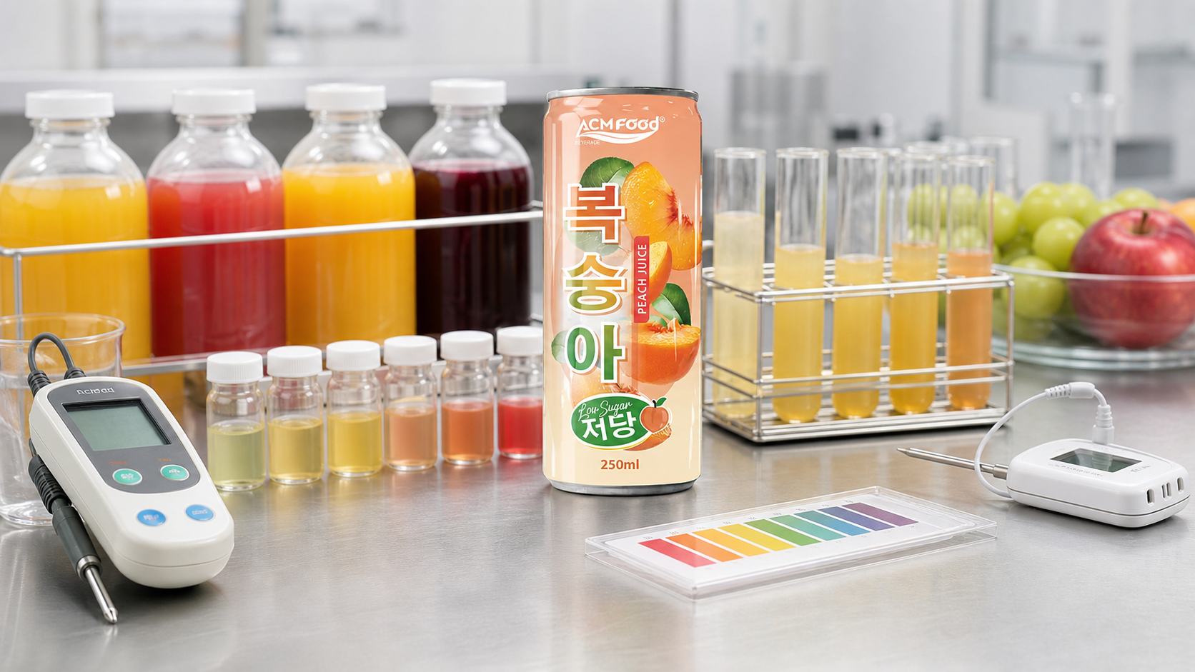 Laboratory shelf-life testing setup with bottled fruit juice samples and instruments