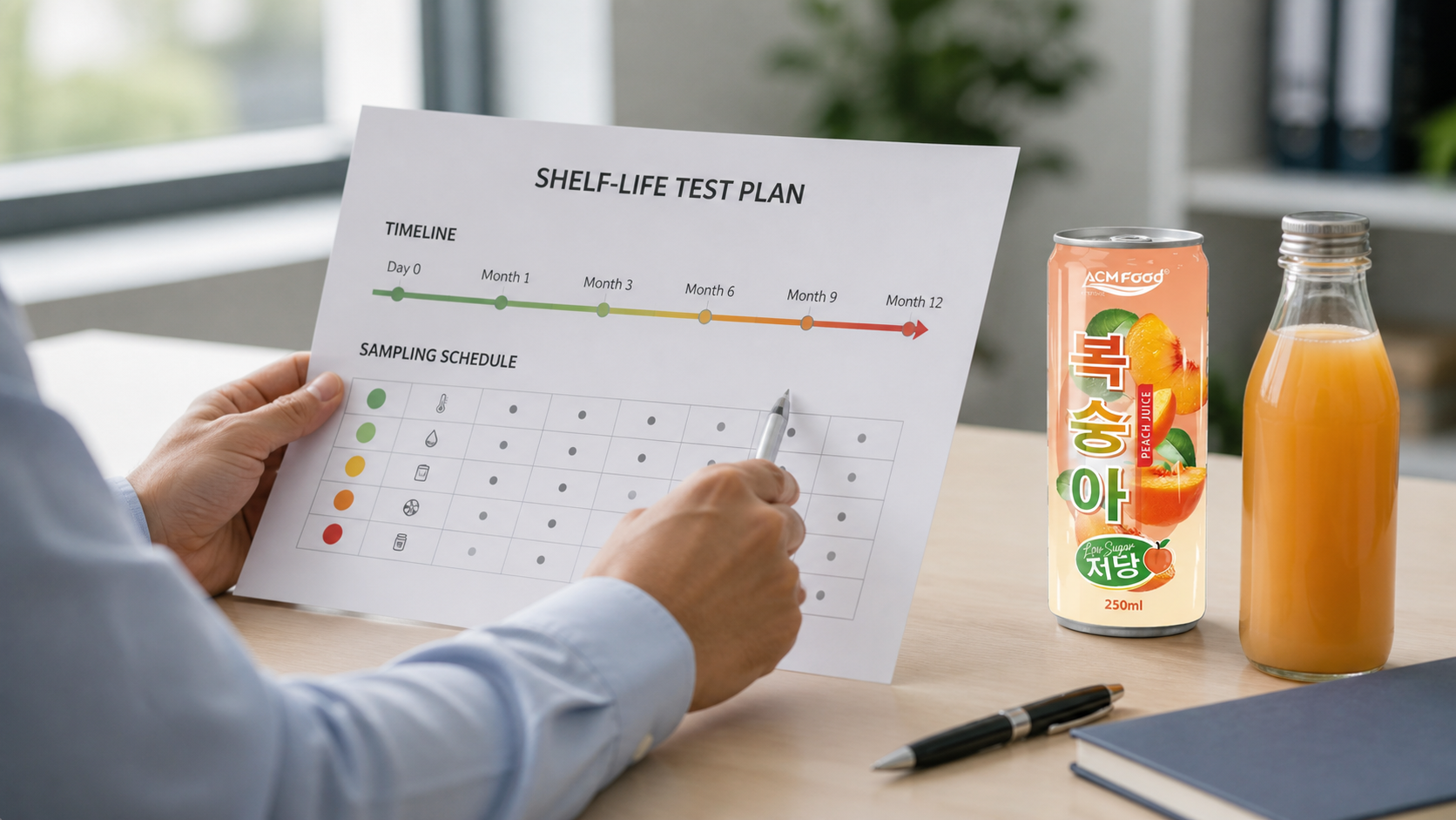Quality manager reviewing a juice shelf-life test plan and timeline