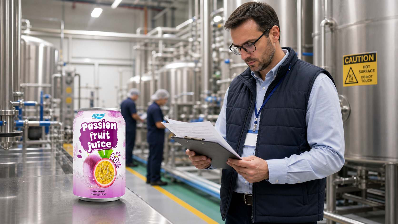 Auditor reviewing documents inside a modern fruit juice factory