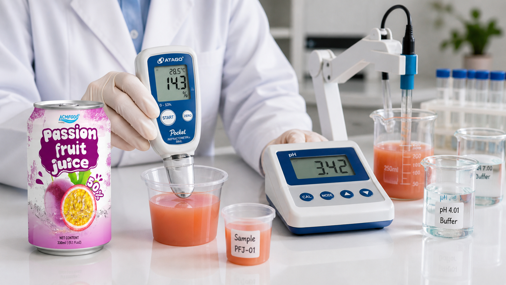 Quality technician testing juice Brix and pH in a lab