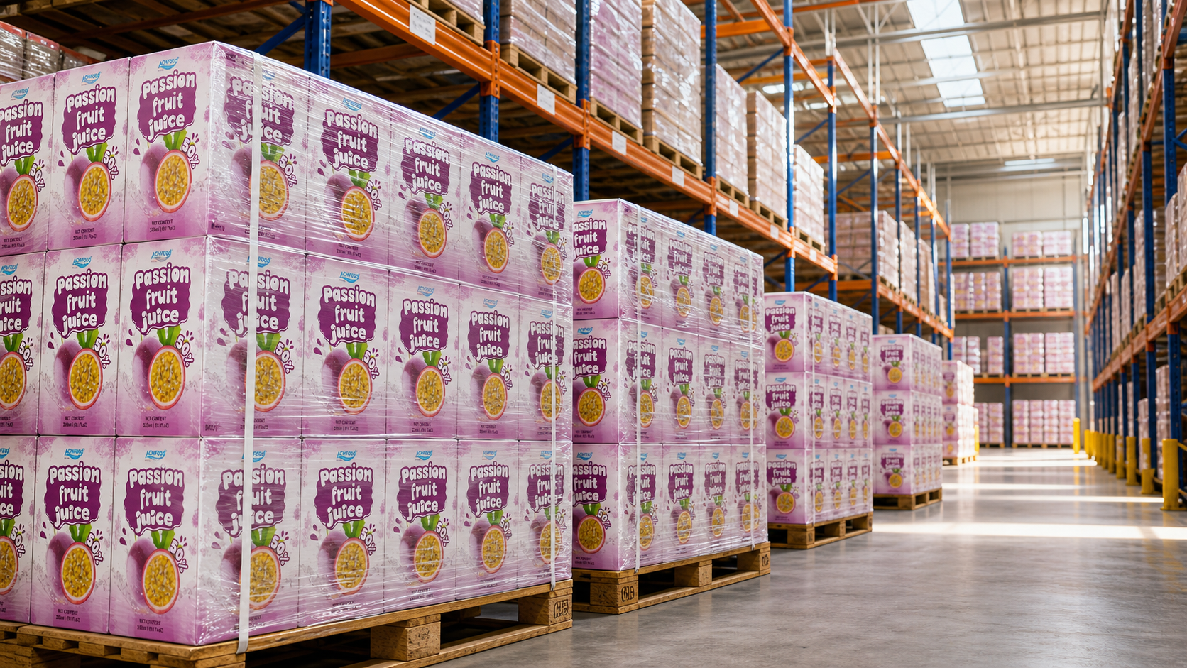 Finished juice pallets ready for export in a clean warehouse