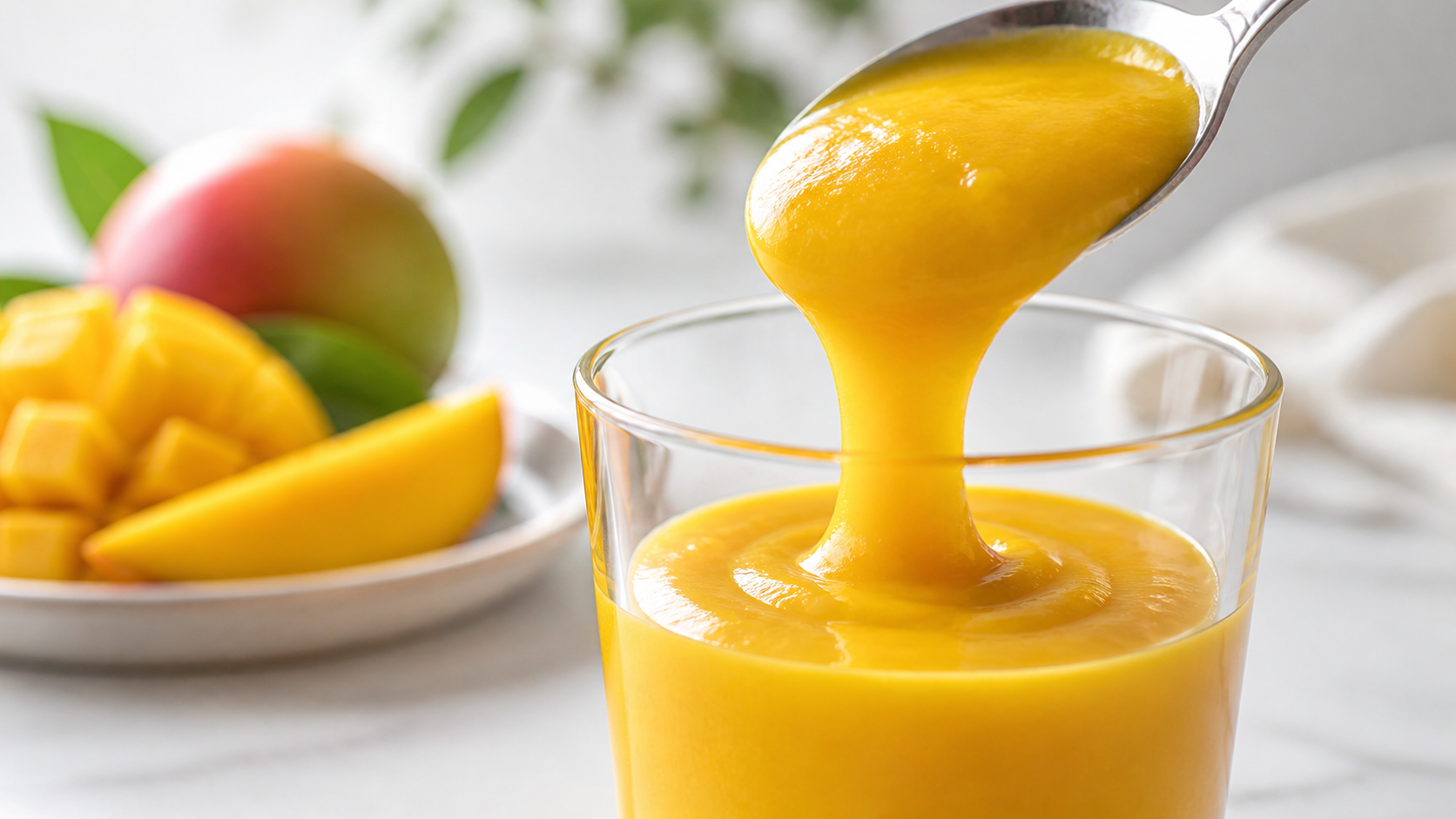 Thick mango fruit puree being poured into a clear beverage glass