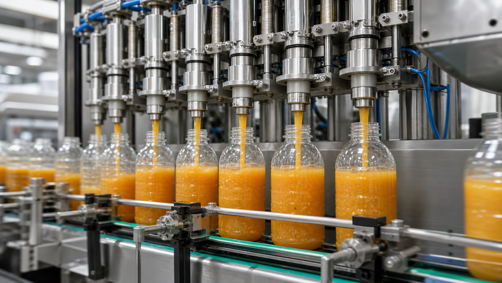 Bottling line filling viscous fruit puree beverage into PET bottles