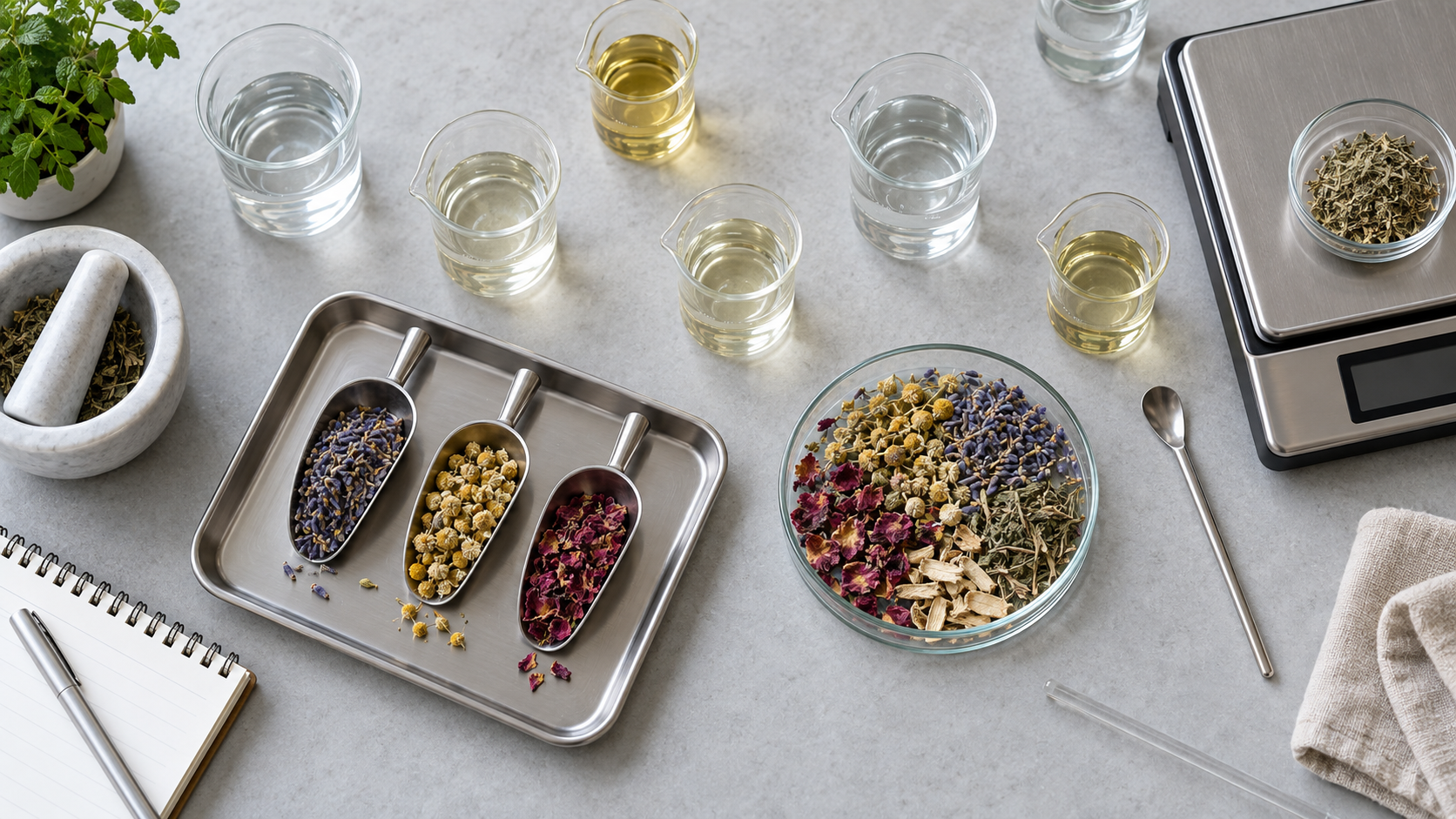 Overhead view of a formulation bench with small labelled beakers of clear and pale liquids, a set of stainless steel scoops, dried botanical material in a shallow dish and a digital scale, clean neutral lighting, realistic commercial laboratory photography, landscape composition, no readable labels