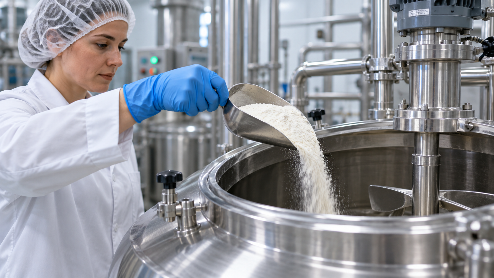 Close-up of a stainless steel mixing tank with an operator in a hairnet and gloves adding a measured powder from a scoop, steam-free clean processing environment, cool industrial lighting, shallow depth of field, realistic beverage manufacturing photography, landscape composition