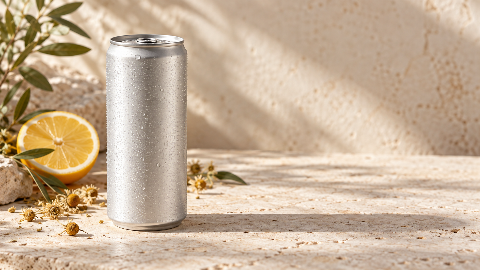 A finished unbranded beverage can standing on a pale stone surface with a soft shadow, a few scattered dried botanical pieces and a slice of citrus nearby, warm directional daylight, generous negative space to the right, realistic commercial product photography, landscape composition