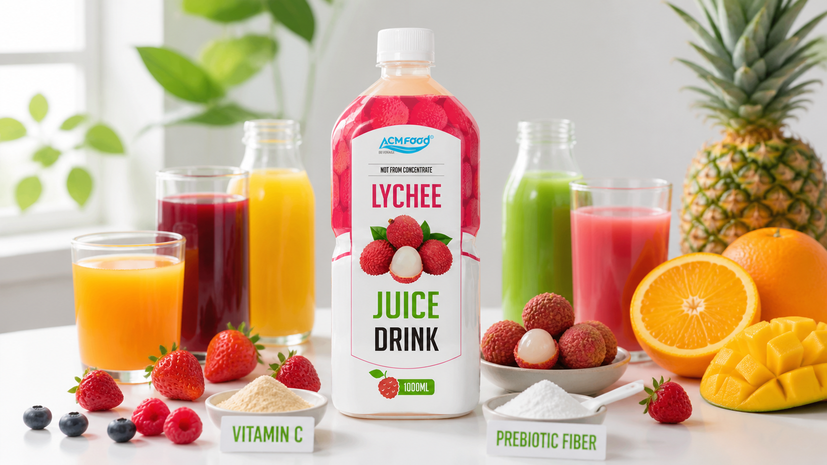 Assorted functional fruit juices with fresh fruits and powders