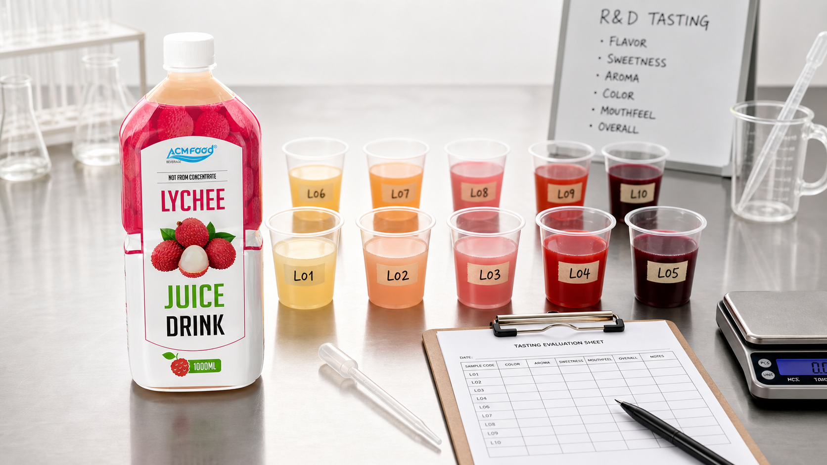 R&D tasting of fortified juice prototypes on a workbench