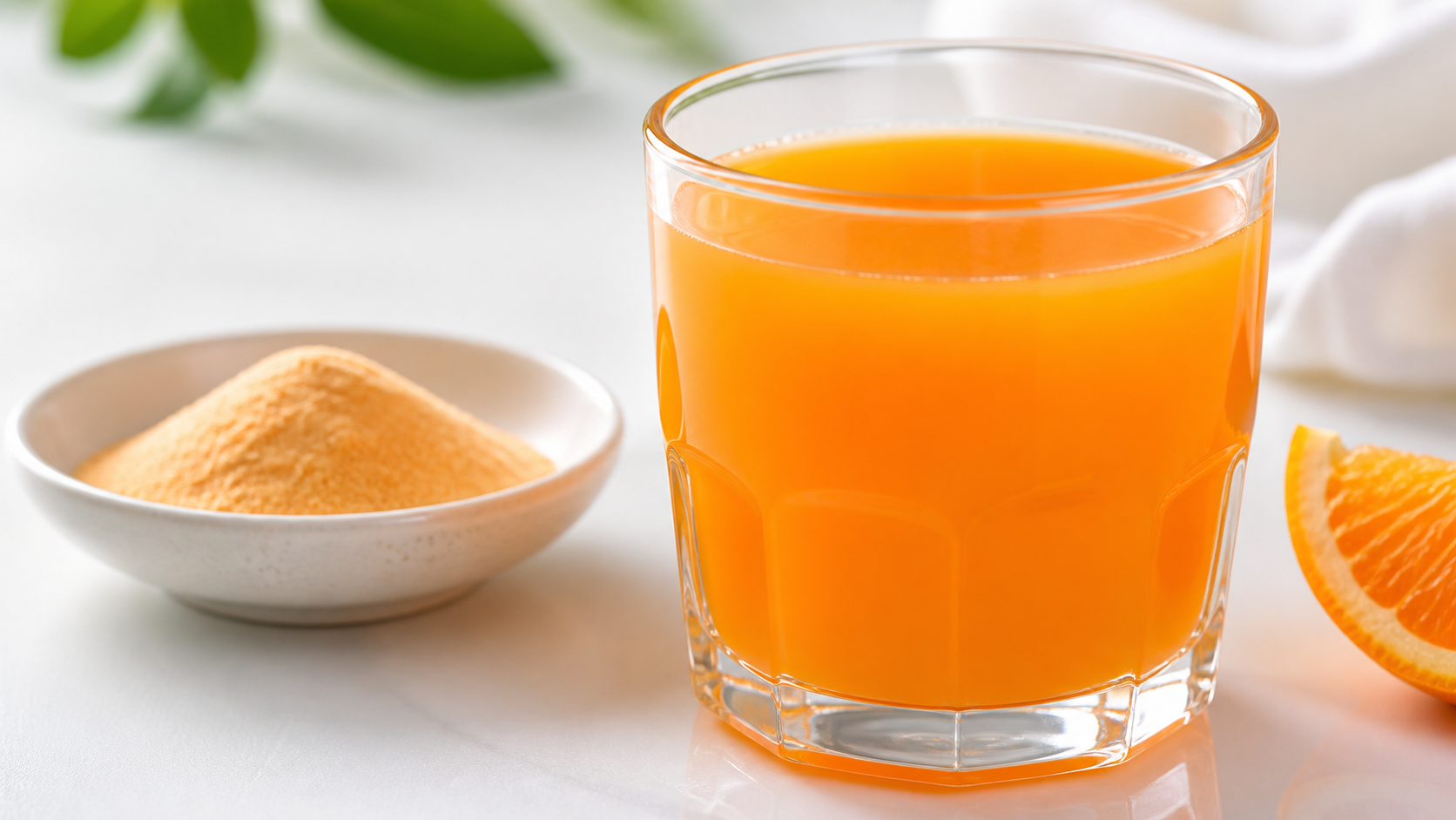 Close-up of vitamin-fortified orange juice in a clear glass
