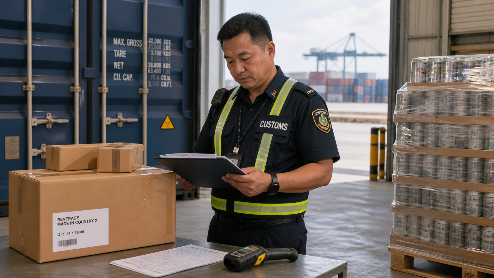 Customs officer checks GCC beverage documents at port warehouse