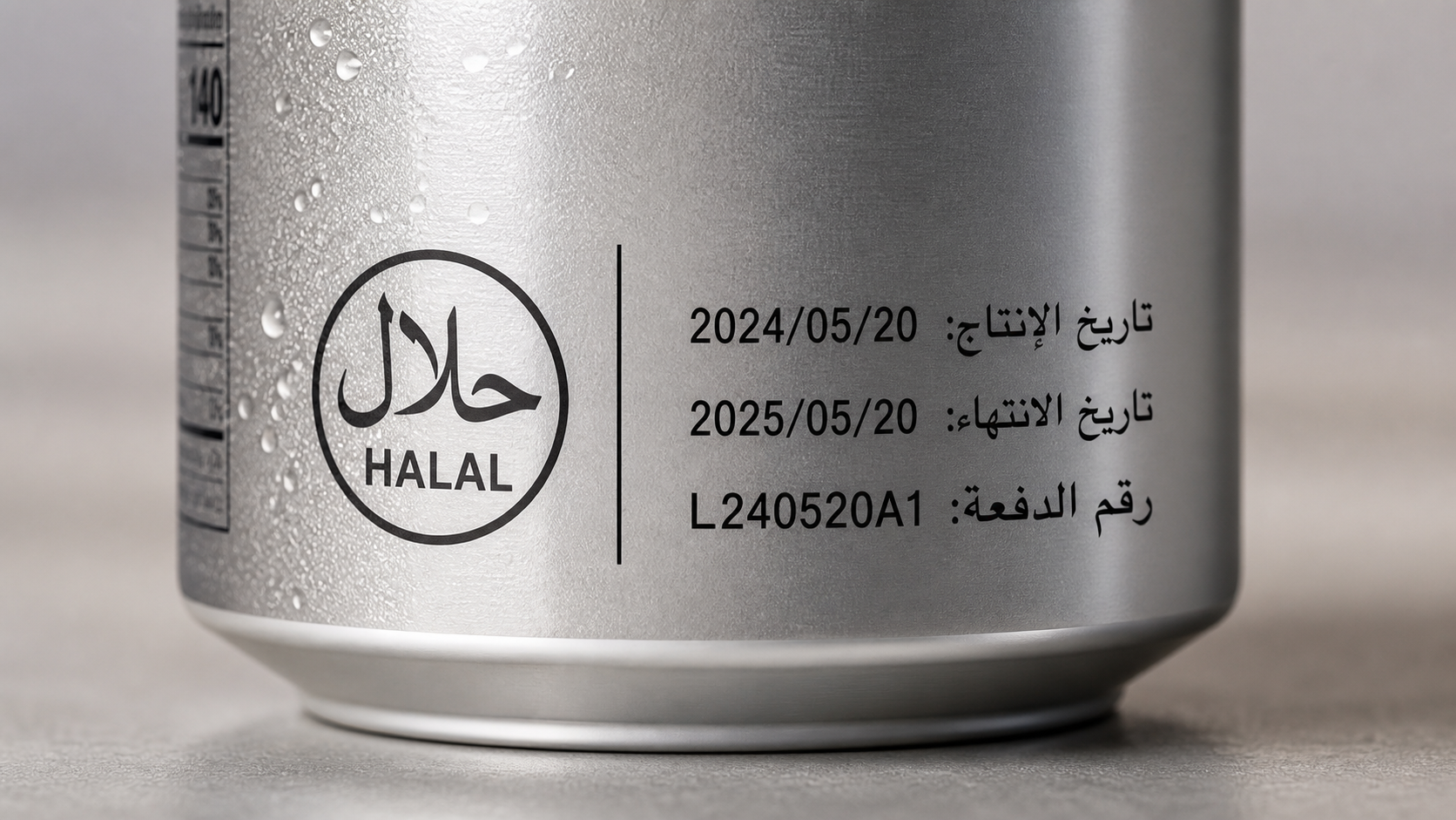 Close up of halal logo and Arabic expiry on can
