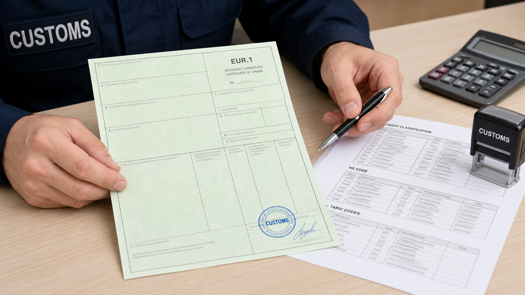 Customs officer reviewing EUR.1 certificate of origin and TARIC code
