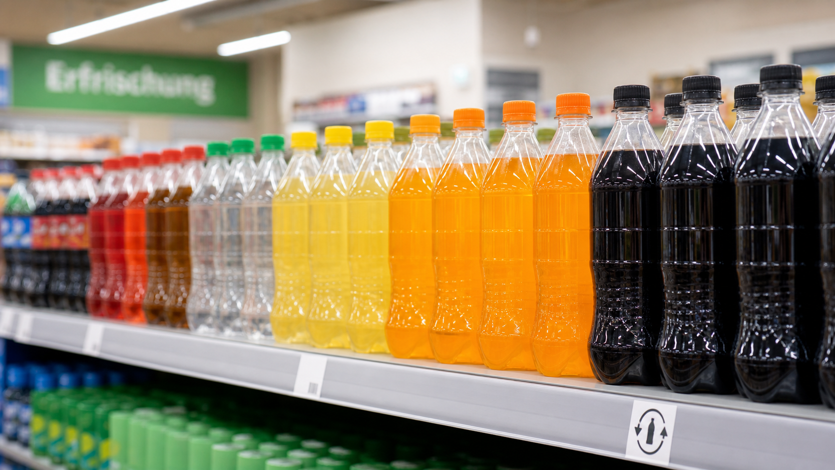 Bottled soft drinks on German retail shelf with DPG deposit label