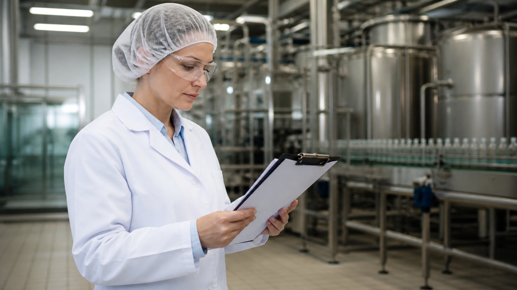 Quality manager reviewing GFSI certification documents inside a beverage factory