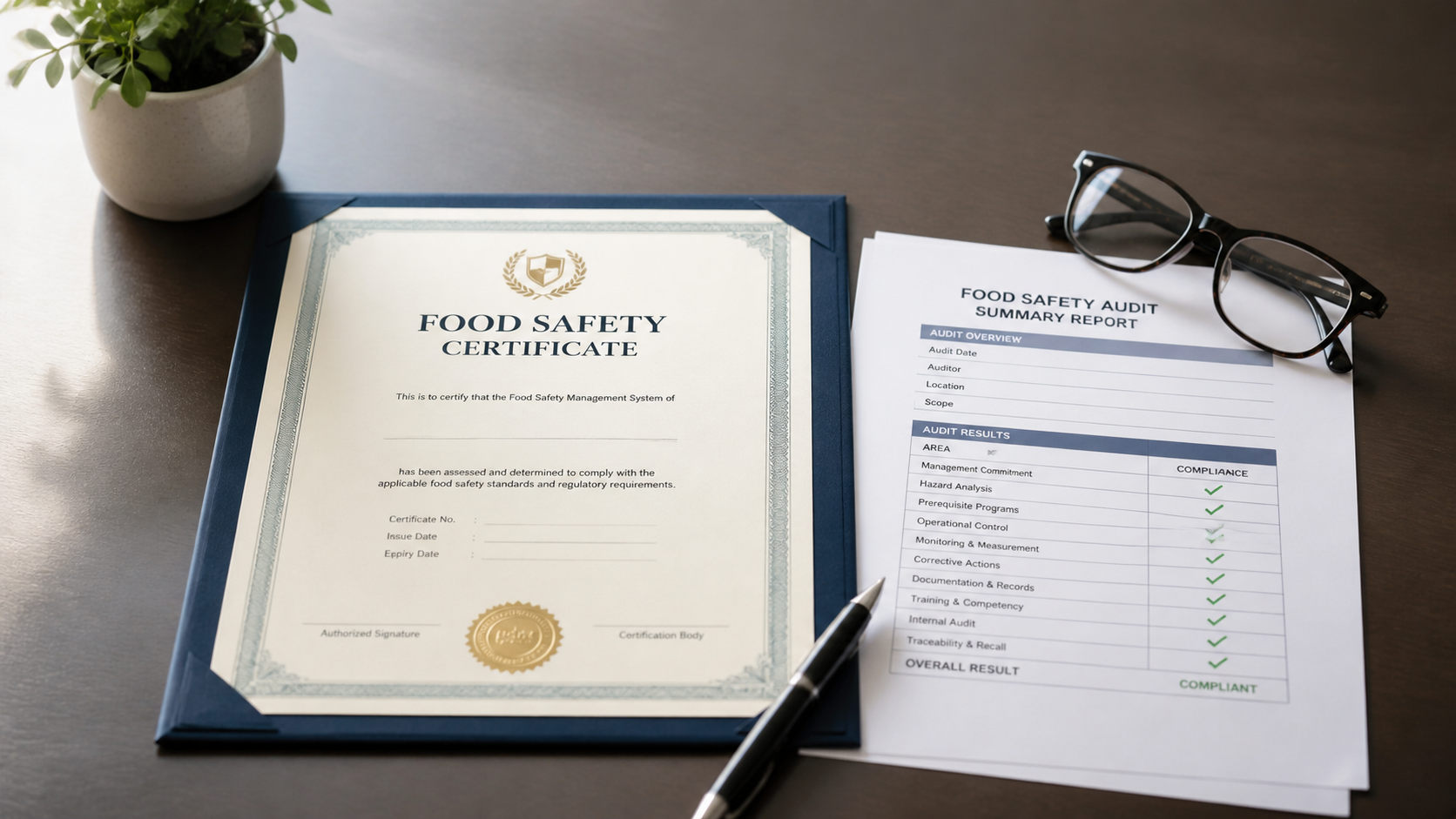 Close-up of food safety certificate and audit summary on a desk