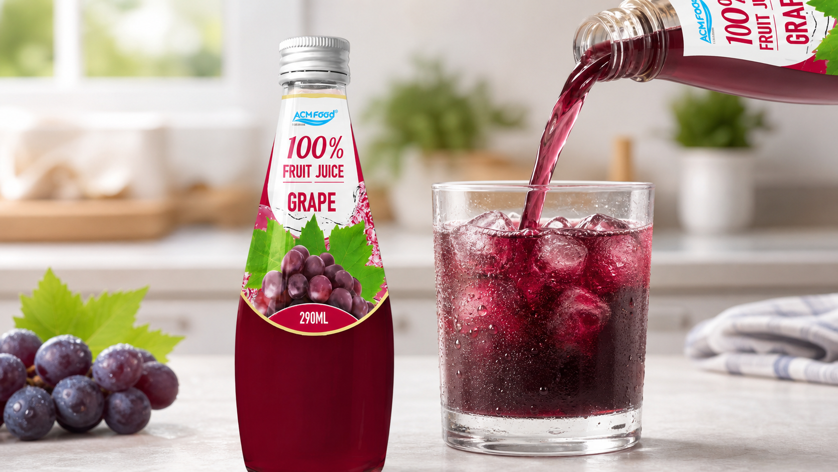 Pouring grape juice into a clear glass with ice and condensation