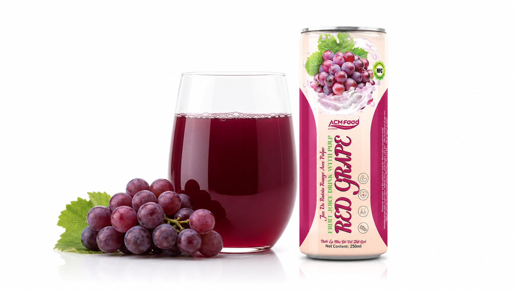 Close-up of grape juice bottle and glass on white background
