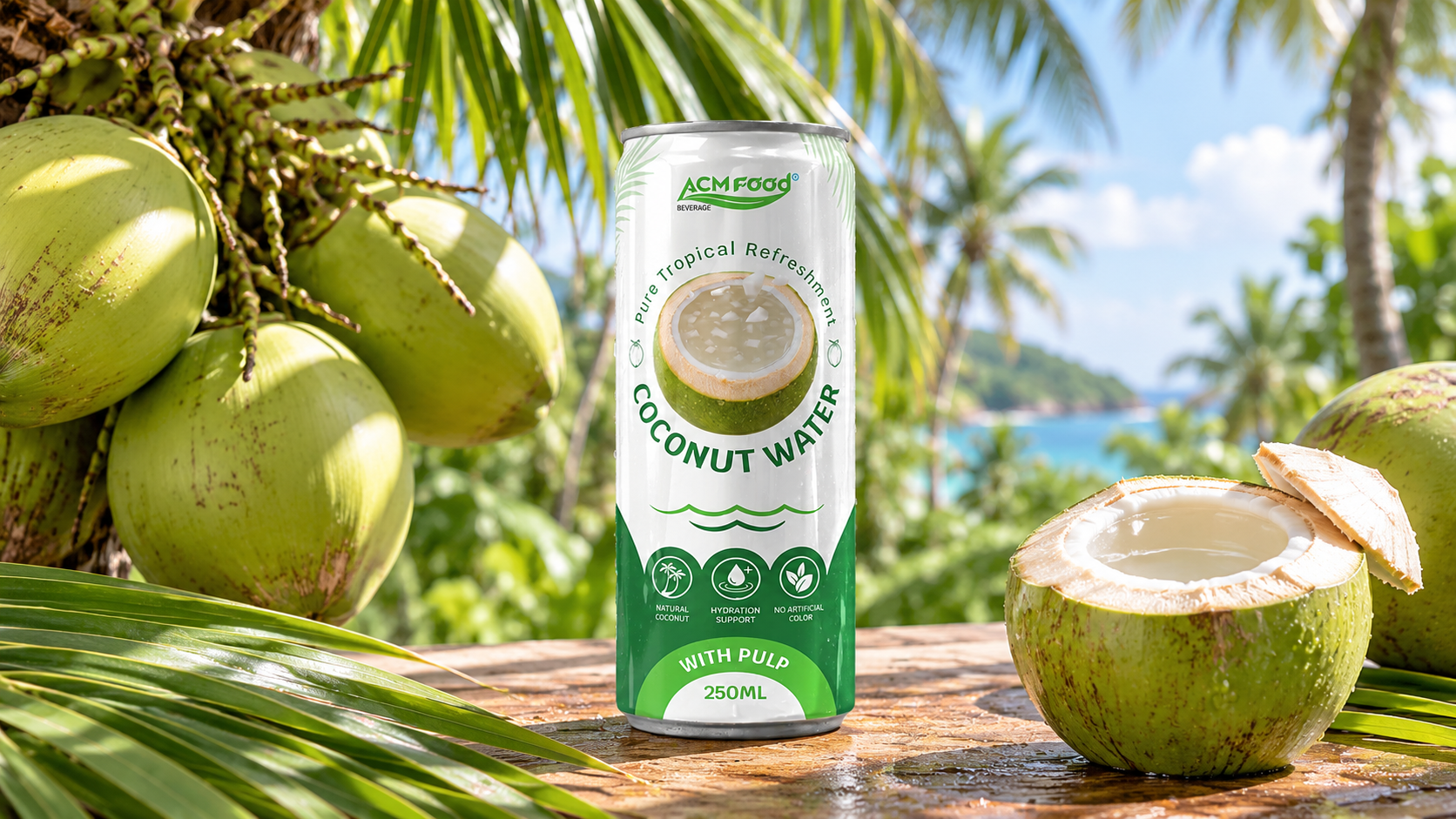 Bunch of young green coconuts hanging on a coconut palm in a sunny tropical plantation, lush green leaves around, natural daylight, realistic commercial photography, 16:9 landscape, no text