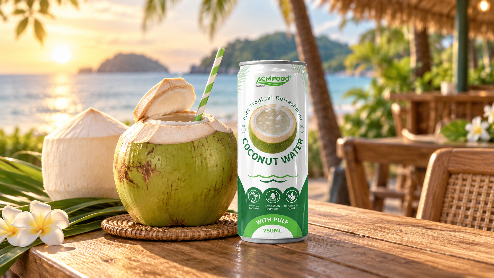 Young green coconut freshly opened at the top with a straw, placed on a rustic wooden table at an outdoor tropical cafe, a second trimmed white young coconut beside it, warm late afternoon light, realistic commercial food photography, 16:9 landscape, no text