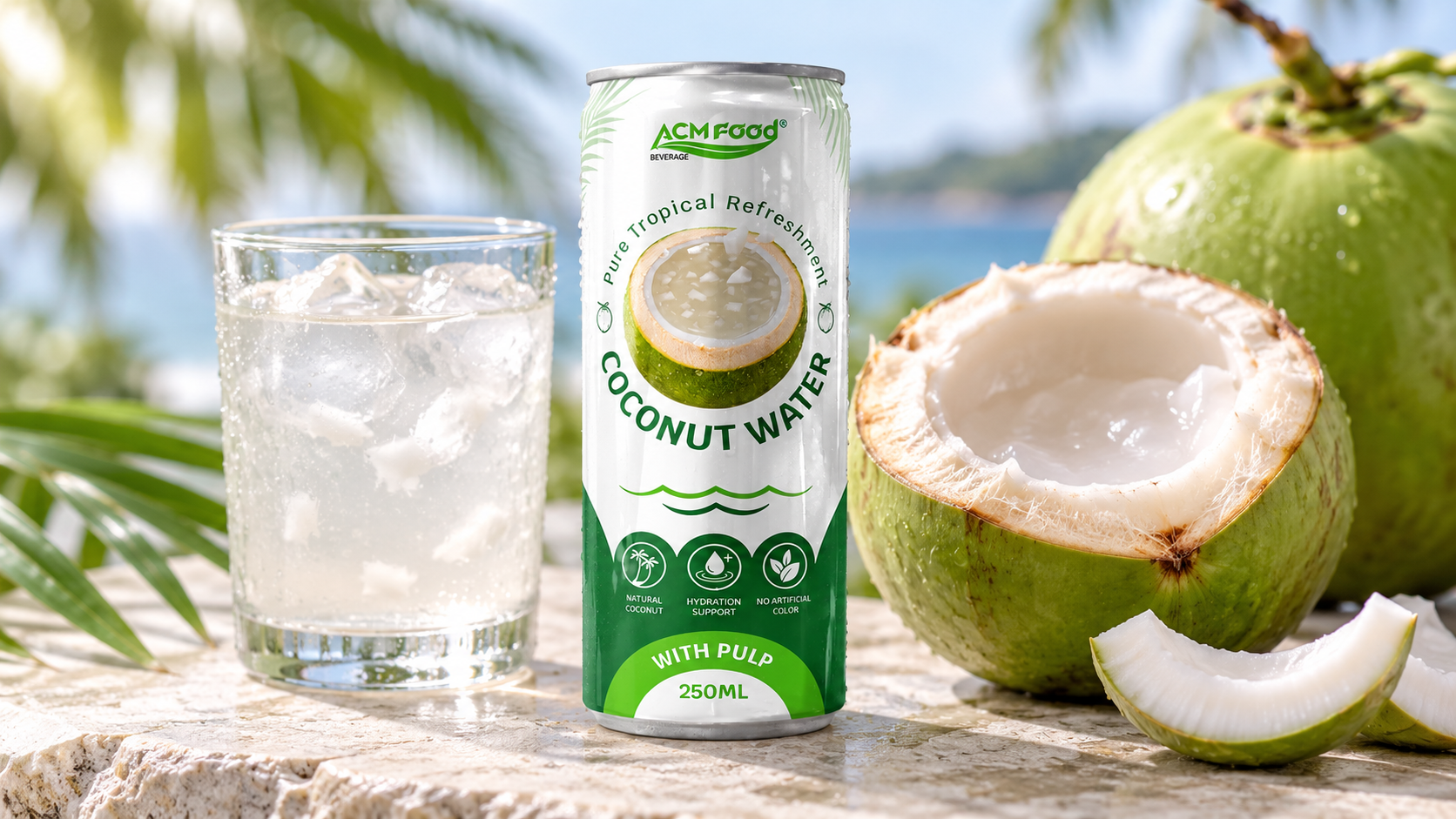 Close-up of a clear glass of coconut water with a few ice cubes next to a halved young green coconut showing soft white jelly-like meat, placed on a light stone surface, soft diffused natural light, realistic commercial beverage photography, 16:9 landscape, no text