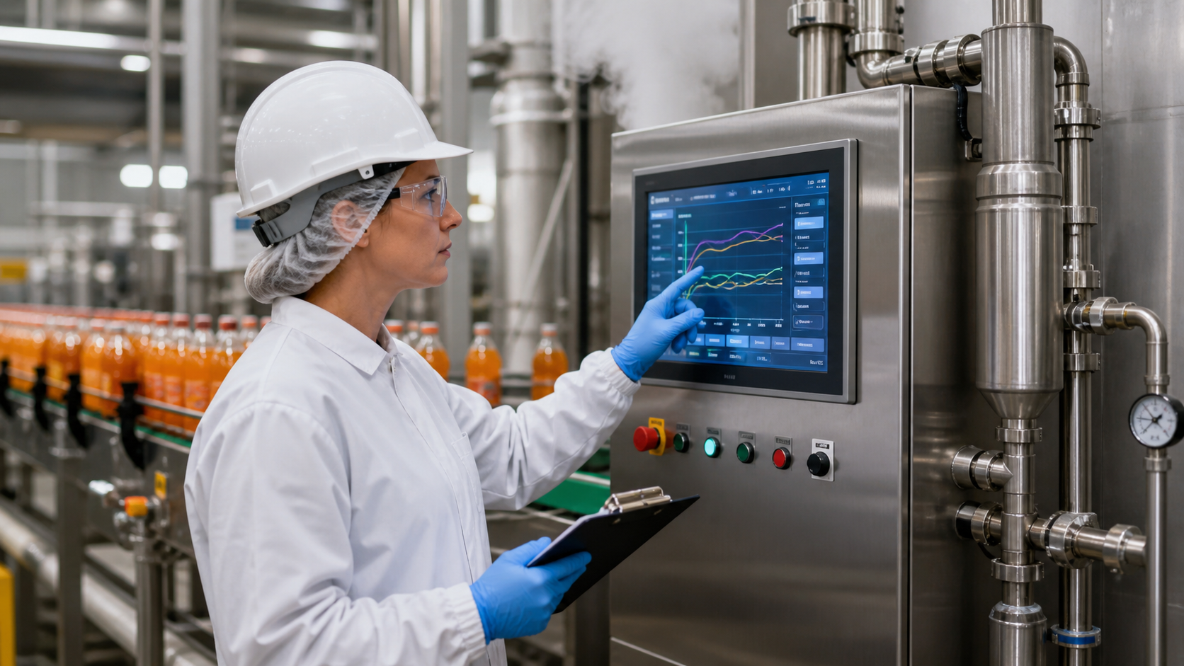 Quality inspector reviewing pasteurization control panel on beverage line