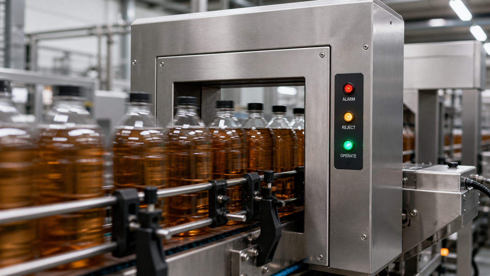 Metal detector inspecting sealed beverage bottles on production conveyor