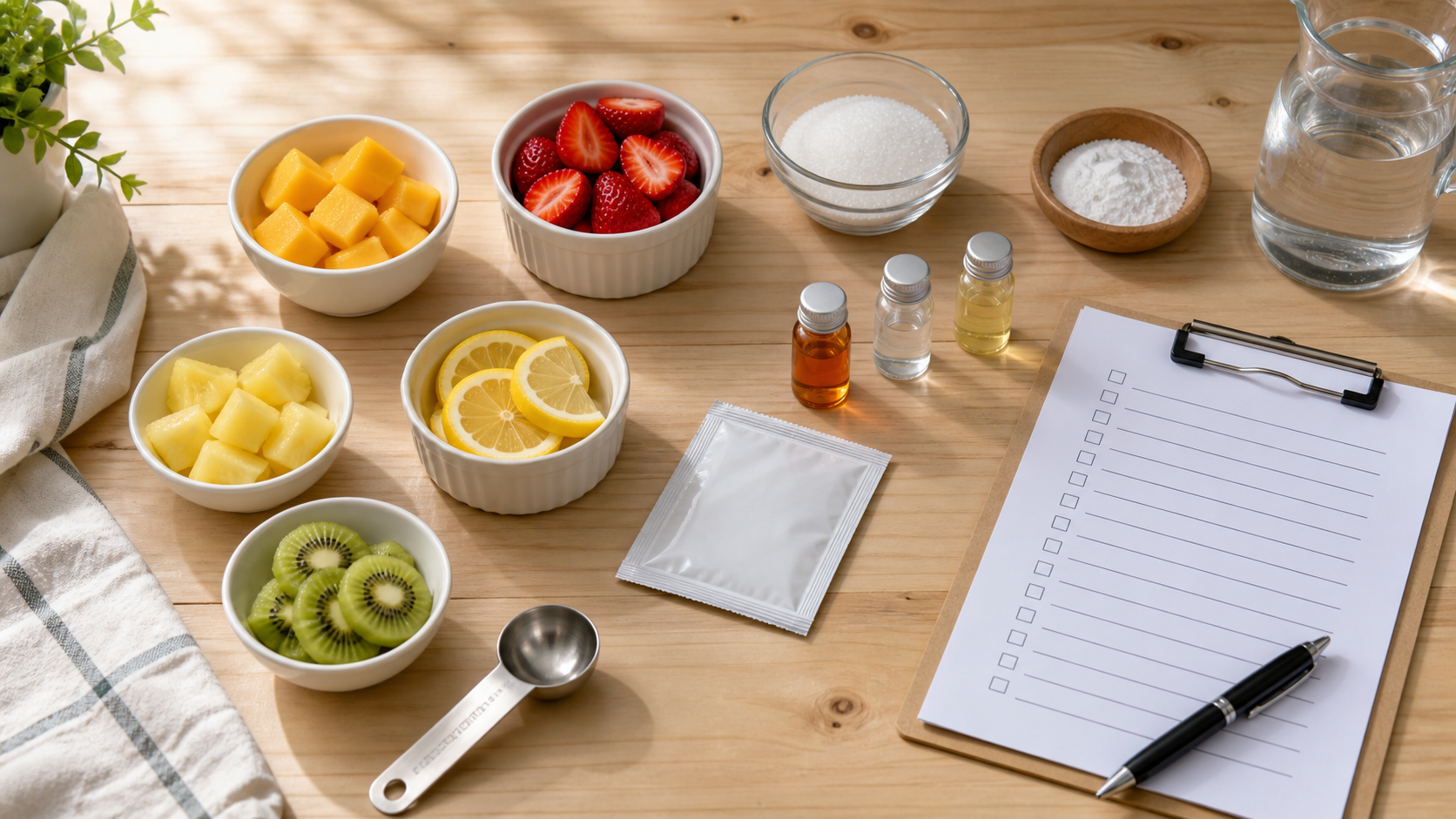 Assorted beverage ingredients with halal checklist and compliance documents on a table