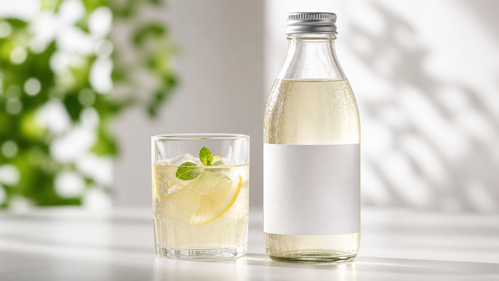 Close-up glass drink and unbranded bottle with space for halal certification