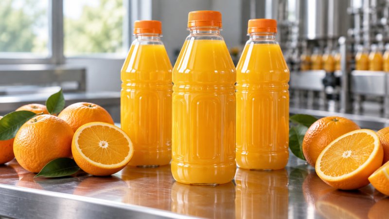 Hot-fill PET juice bottles with vacuum panels