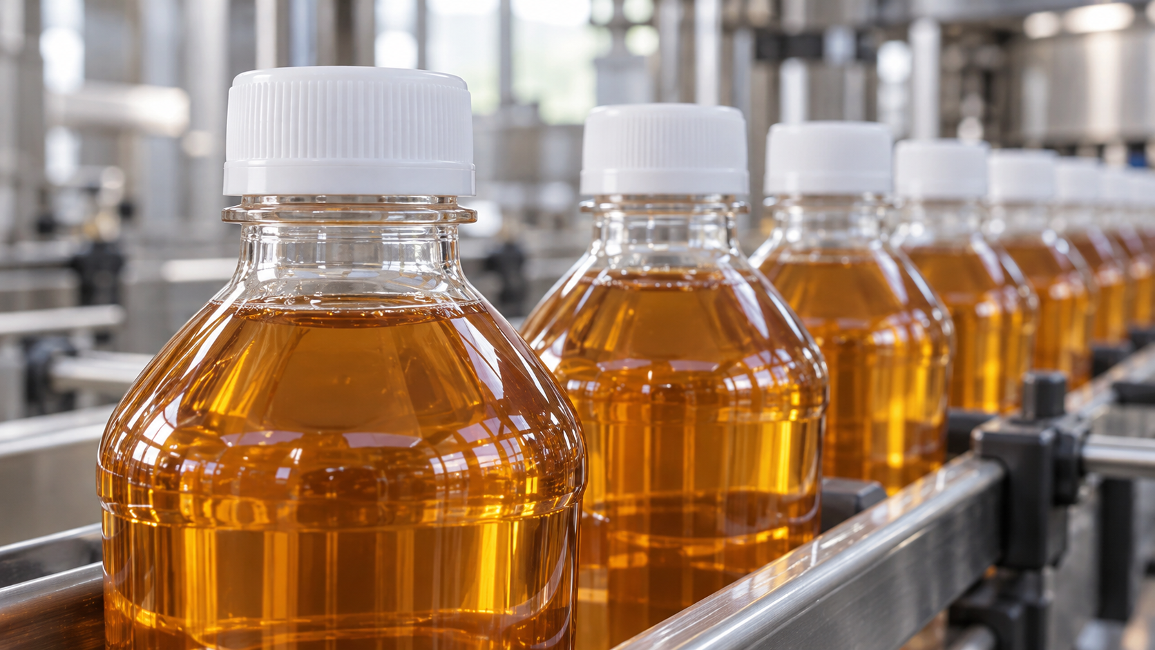 Neck and cap of a hot-fill PET bottle on a filling line