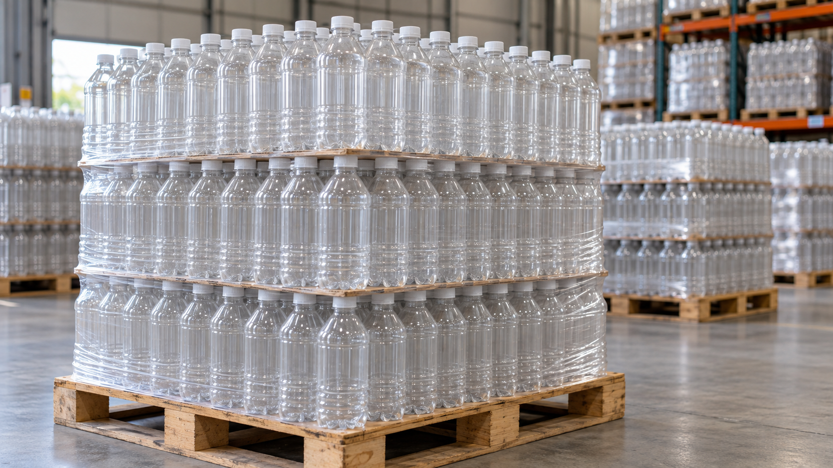 Empty heat-set PET bottles stacked on pallets