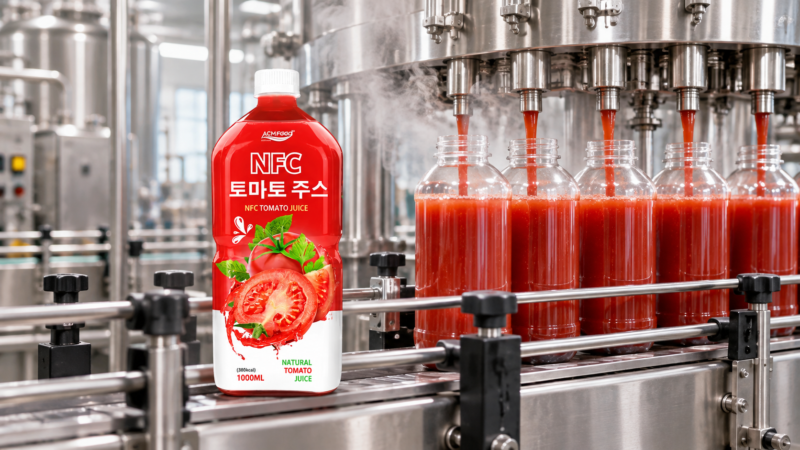 Hot fill line filling clear PET bottles with hot beverage