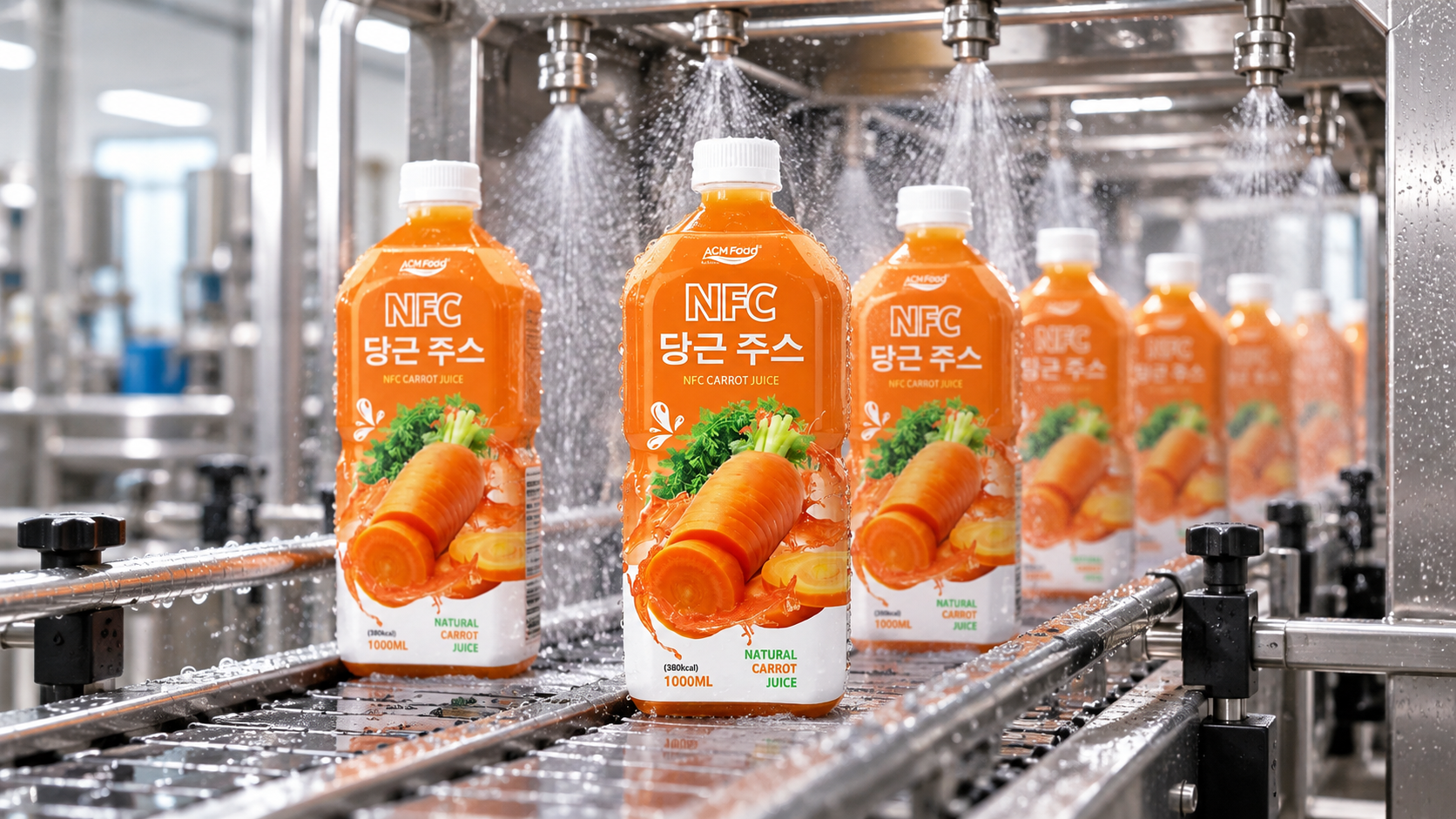 Hot-filled juice bottles passing through a cooling tunnel