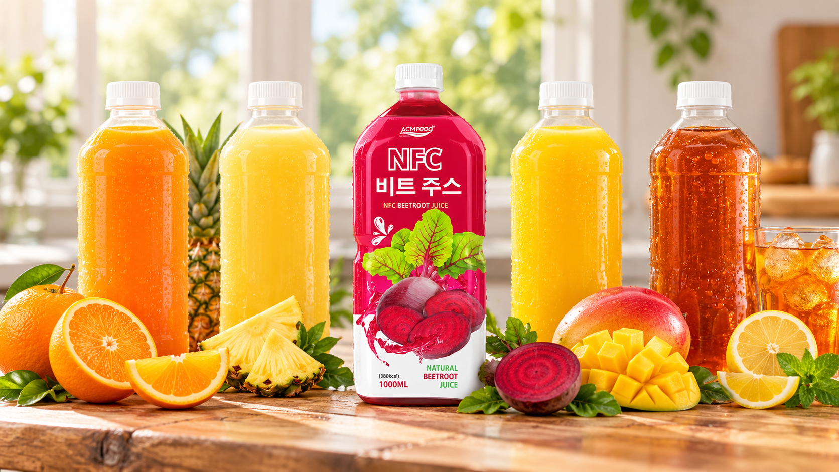 Bottled fruit juices and iced tea made by hot filling