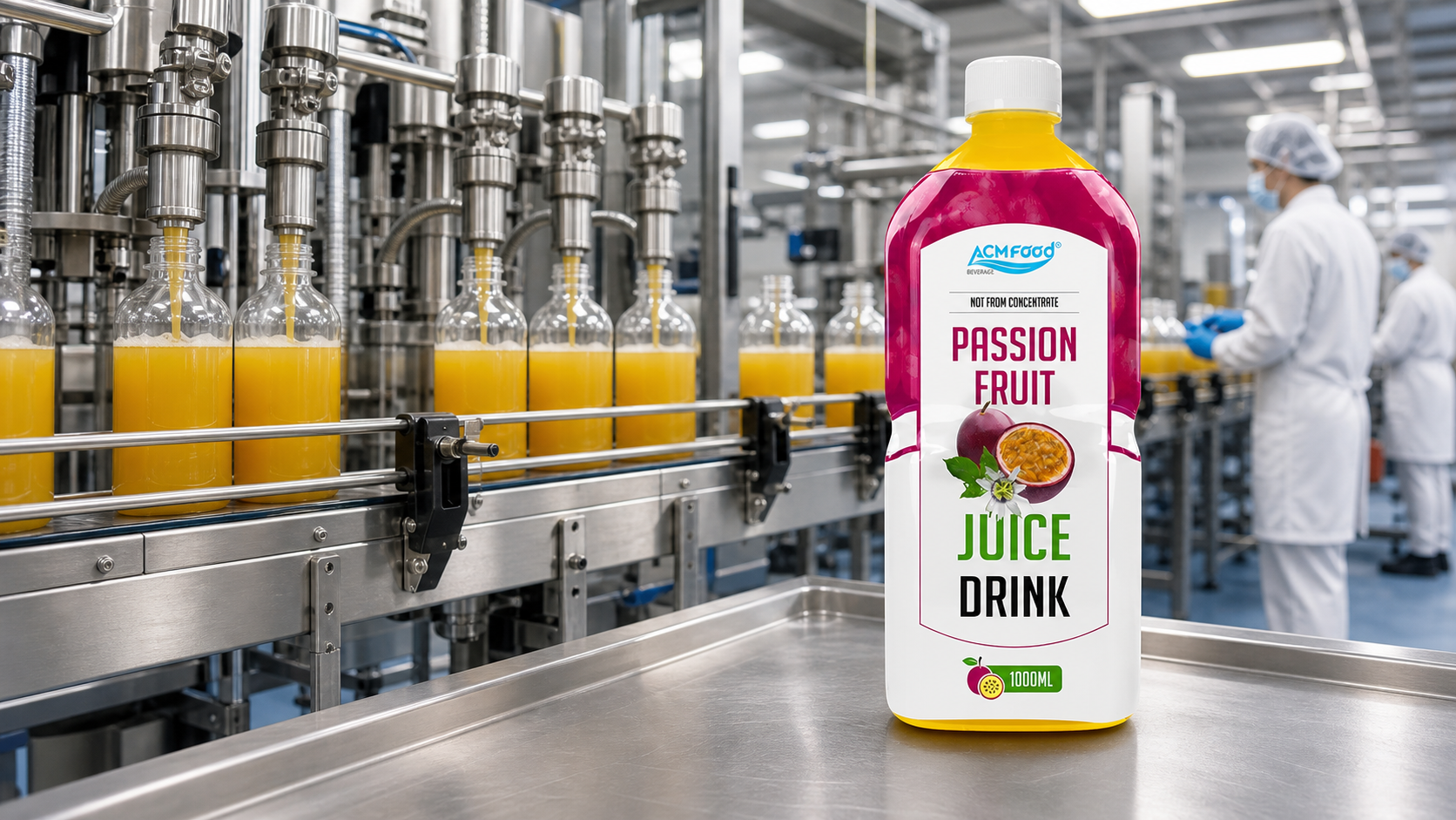 Automated line filling clear fruit juice bottles inside a modern factory