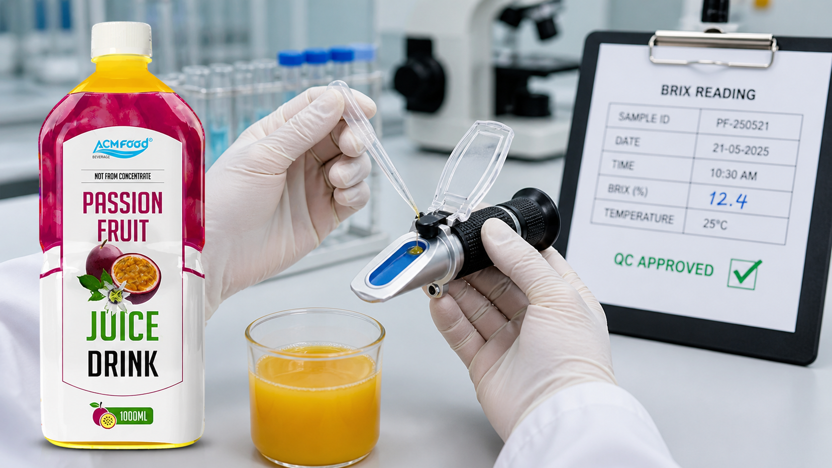 Technician measuring fruit juice Brix with a handheld refractometer in lab