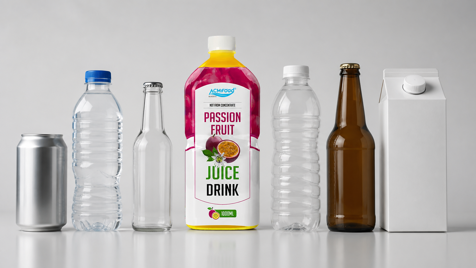 Assorted packaging: cans, PET, glass bottles and Tetra Pak cartons