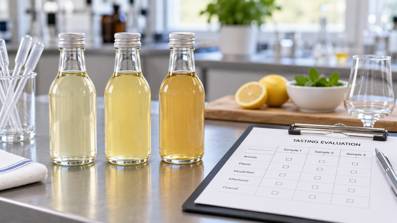 Close-up of a laboratory bench with three small unlabelled sample bottles of pale beverage in a row, a clipboard with a tasting grid beside them, bright even lighting, shallow depth of field, realistic commercial product development photography, landscape composition