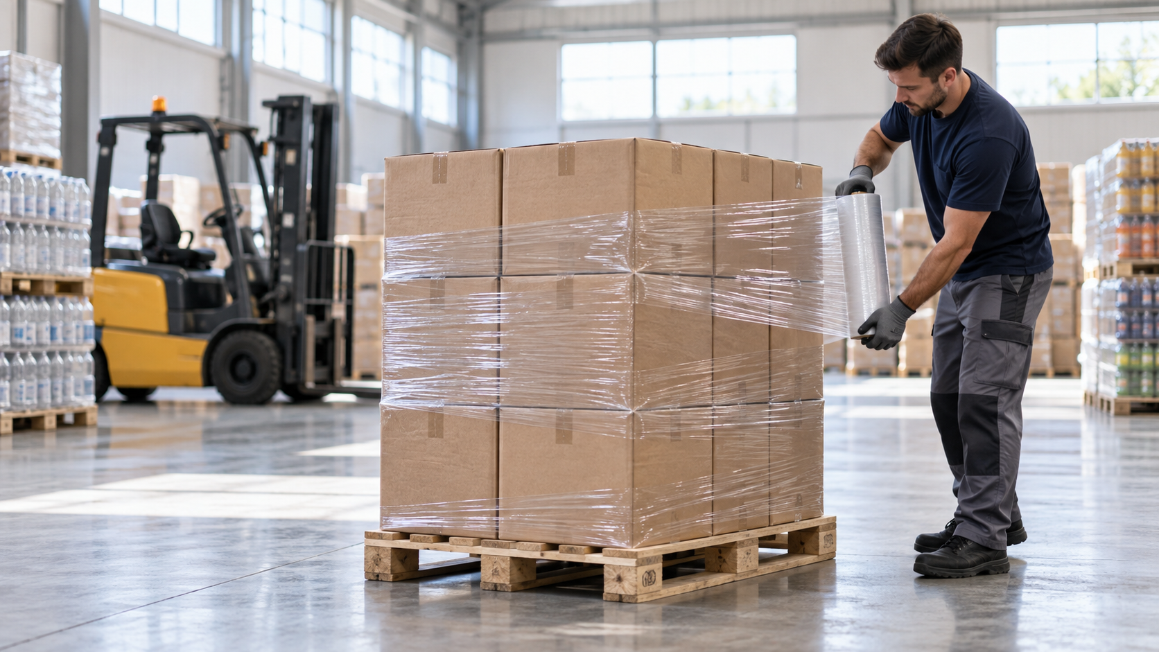 A stack of sealed cartons on a wooden pallet being wrapped in a clean warehouse, a forklift out of focus in the background, bright industrial daylight through high windows, realistic commercial logistics photography, landscape composition, no visible branding