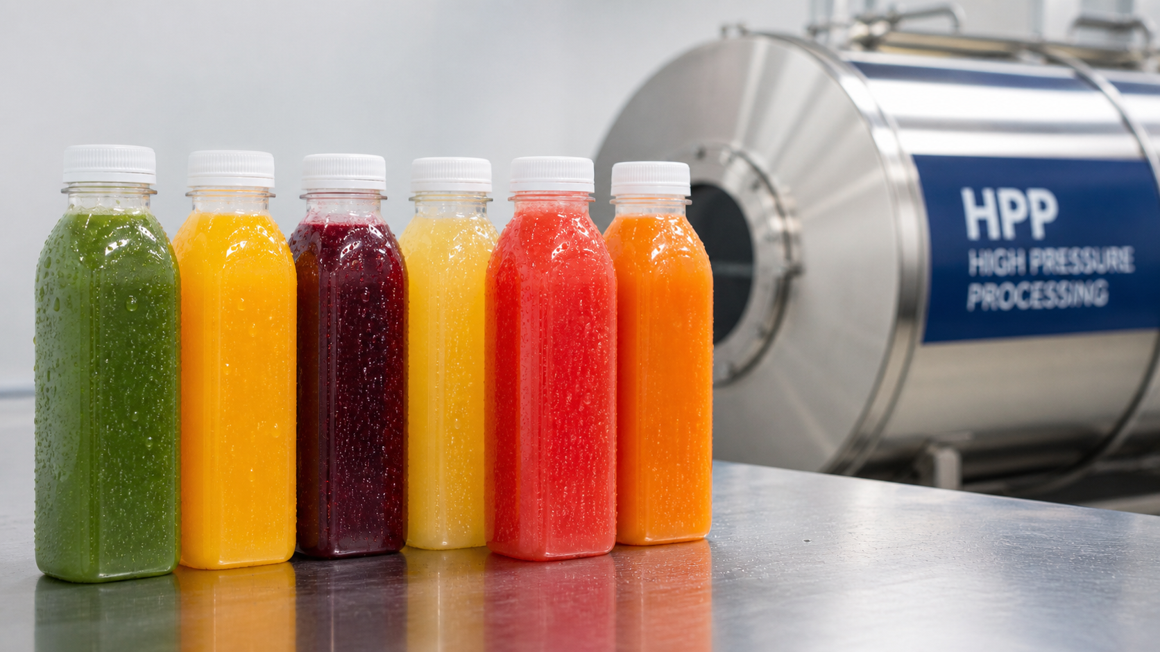 Assorted HPP beverages in plastic bottles beside stainless pressure vessel