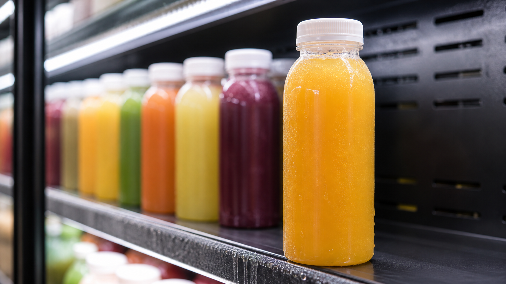 Cold-pressed fruit juice bottle on refrigerated retail shelf