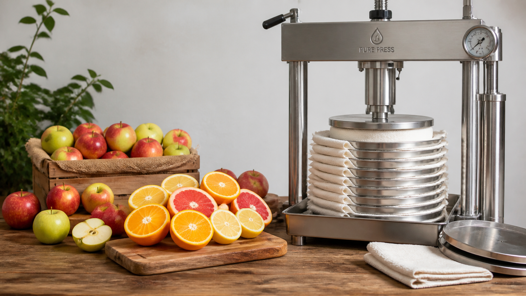 Fresh fruit and hydraulic press setup for cold-pressed juice