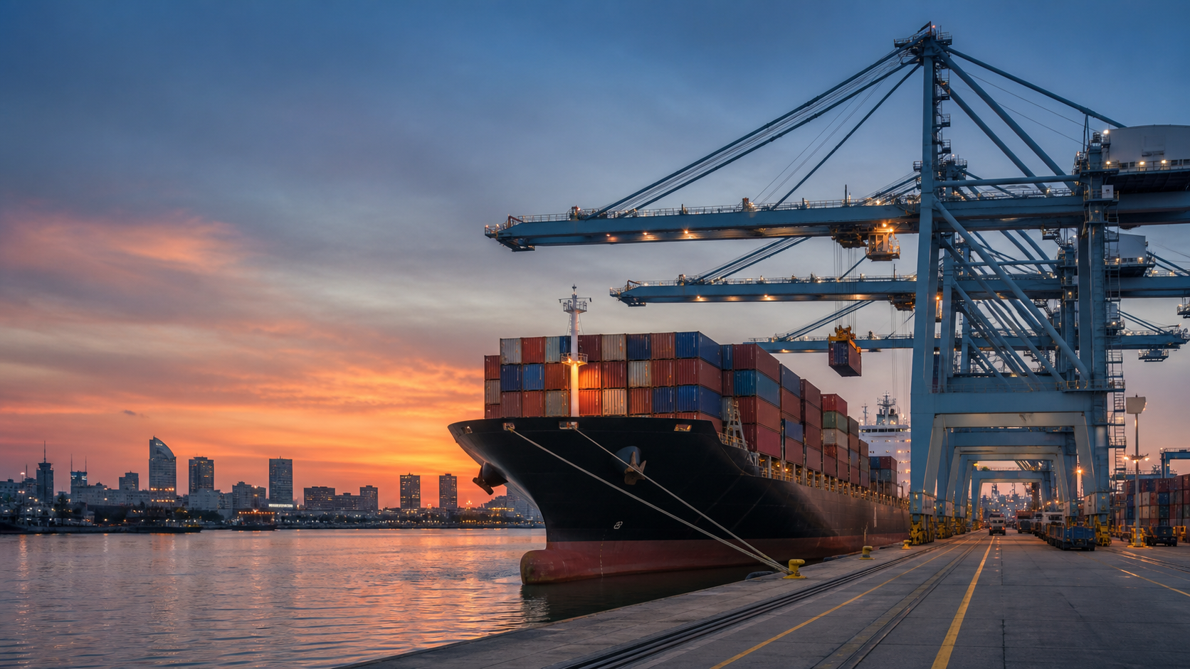 Container ship unloading at Port of Buenos Aires with cranes at dusk