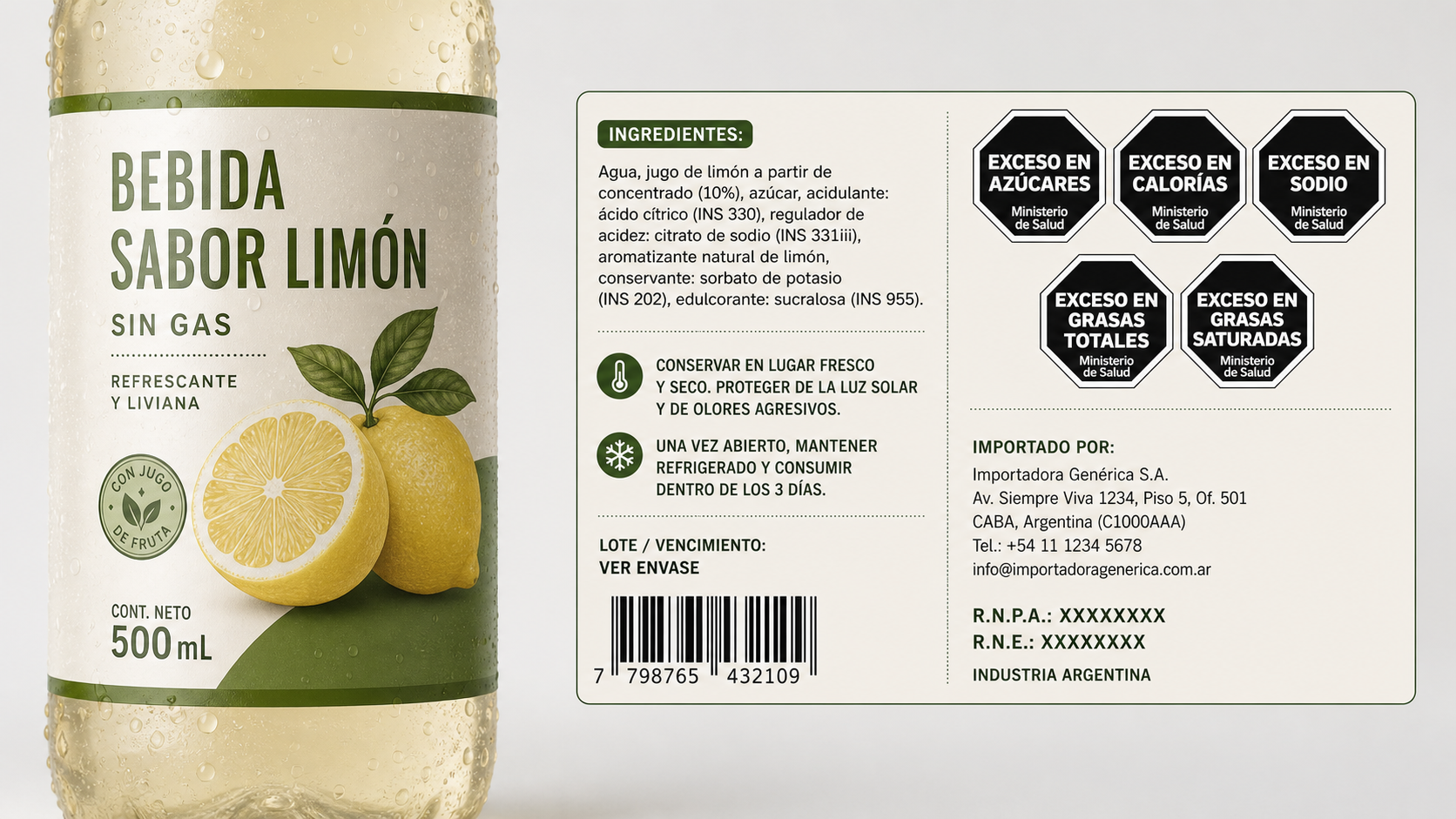 Spanish beverage label mockup showing black octagonal warning icons