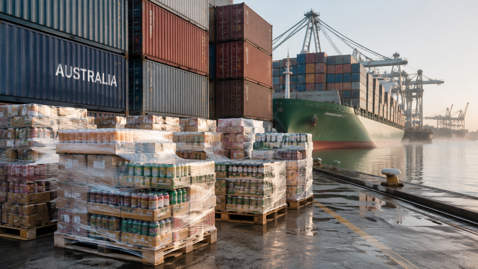 Shrink-wrapped beverage pallets on a container pier at an Australian port