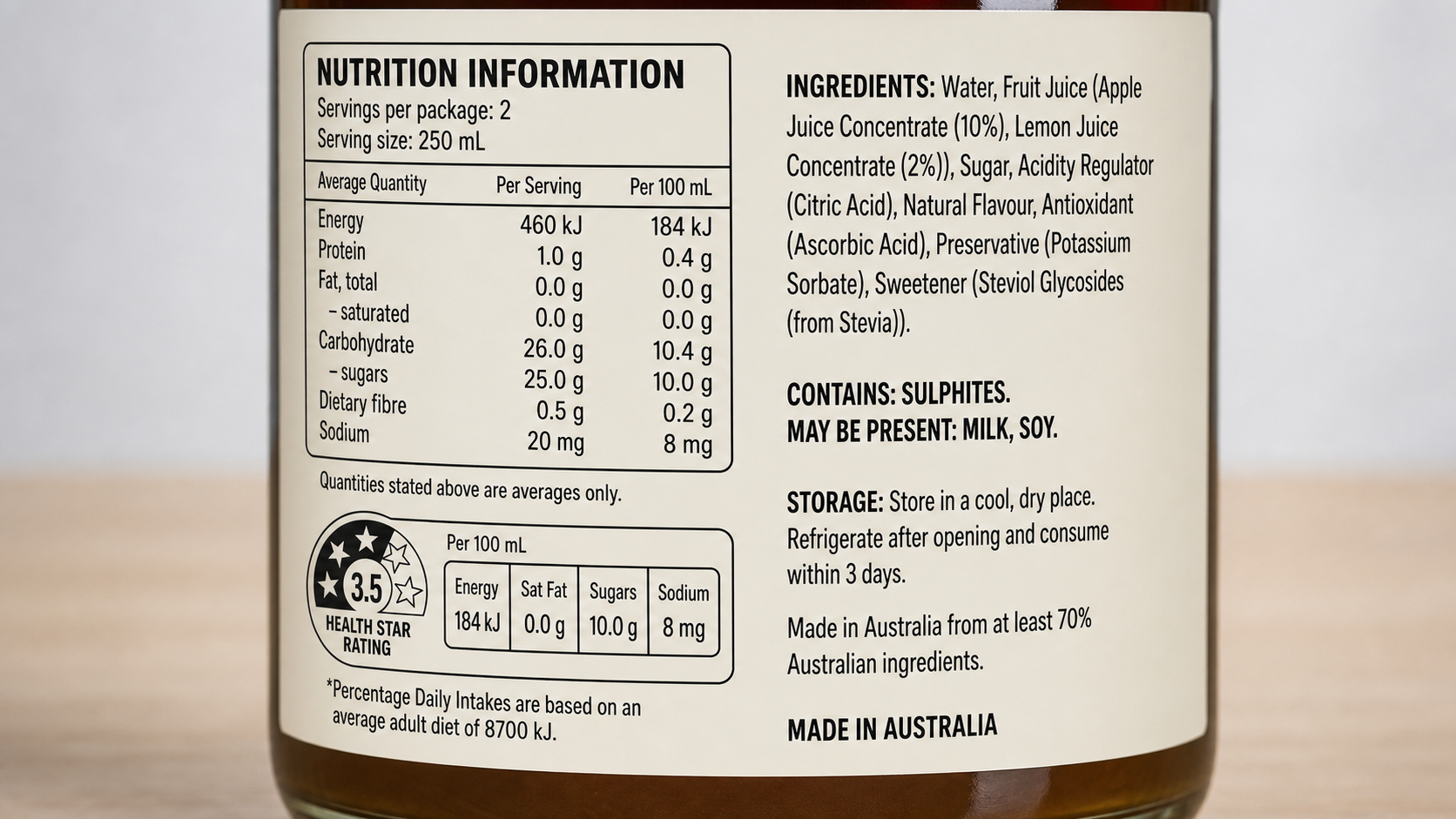 Close-up of Australian-compliant beverage label with nutrition panel and allergens