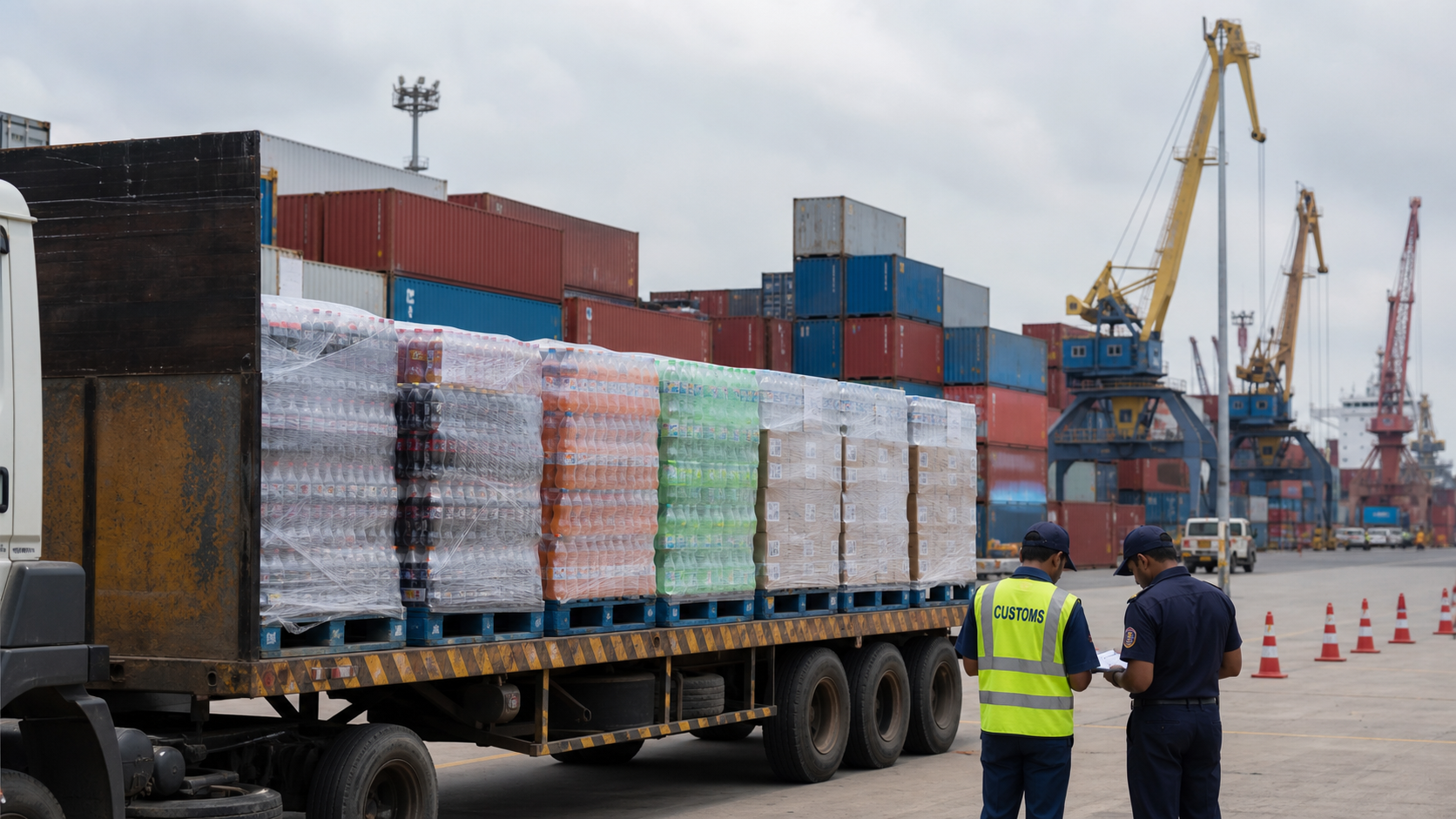 Containers at Chattogram Port with beverage pallets awaiting customs